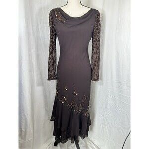 Xscape by Joanna Chen Evening Gown Chocolate Brown Beaded Sequin Cowl Elegant 6P